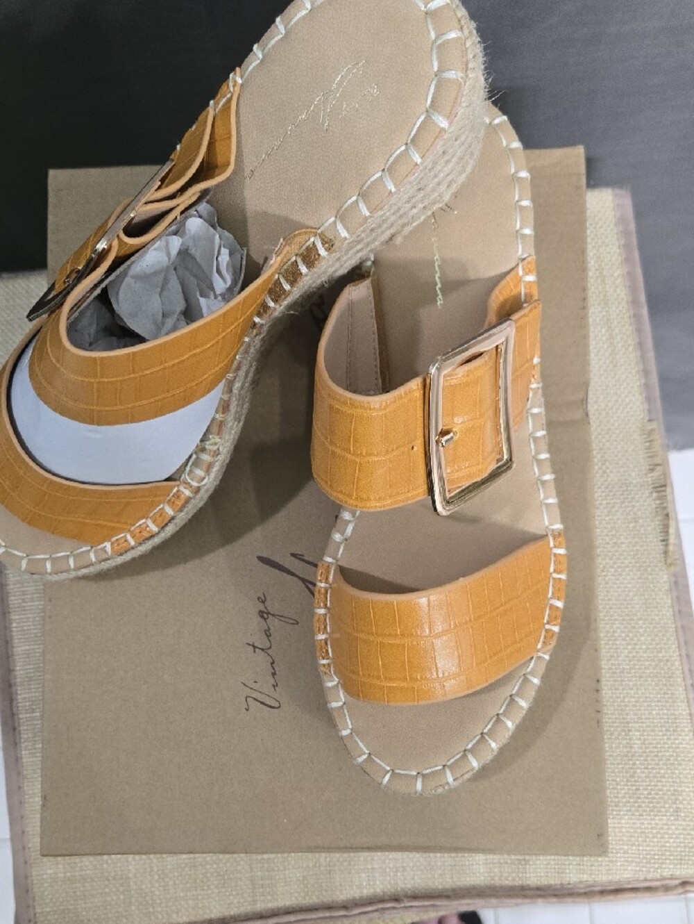 Vintage Havana Yellow Croc-Embossed Espadrille Wedge Slide with Buckle - Picture 7 of 7